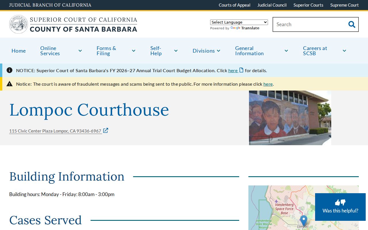 Lompoc residents directory view of the Lompoc Courthouse access route